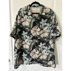 Tommy Bahama Linen Shirt XL Floral Hawaiian Black Aloha Camp Button Front